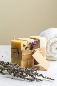 Homemade natural soap bars with lavender flowers